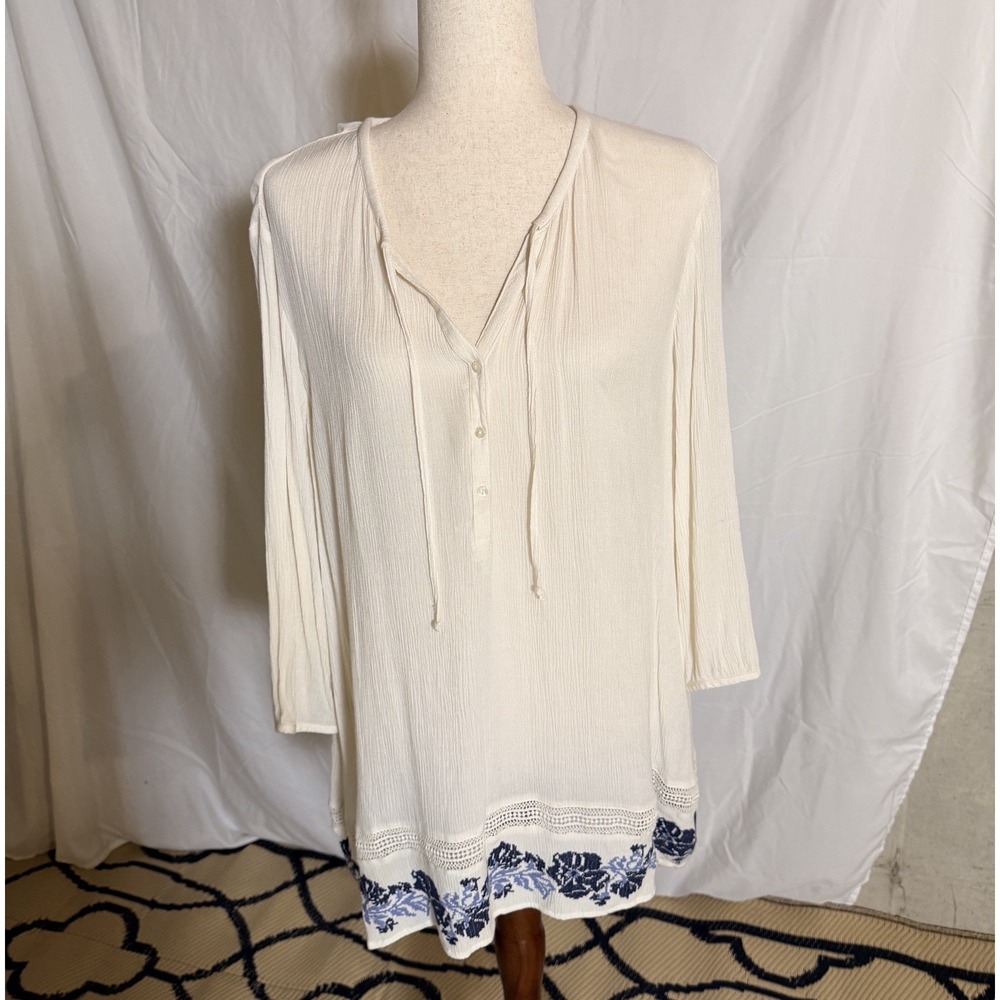 Flowy Gauzy Cream and Blue Womens Tunic cottagecore Embroidered Boho Top Sz XXL